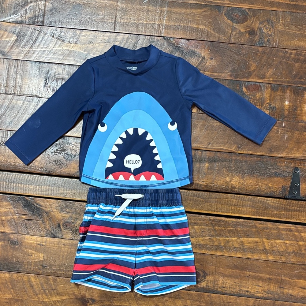 Shark Adventure Kids Swim Trunks - Blue and Red